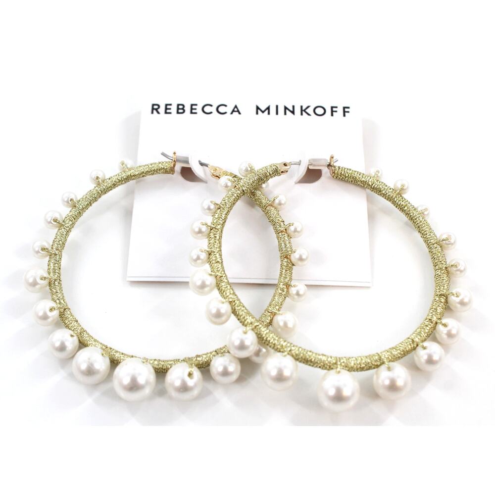 Rebecca Minkoff Gold Tone Morocco Pearl Hoops $48 Tags #RM339 - Picture 2 of 3